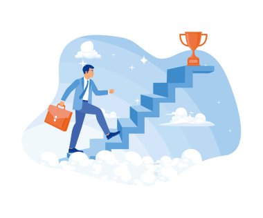 Adam kupayı almak için merdivenlerden çıkıyor. Başarılı olmak için motivasyon. Başarı İş Konsepti. Düz vektör illüstrasyonu.