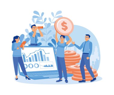 İnsanlar ödeme işlemlerini çevrimiçi yapıyorlar. Bilgisayardan finansal veriler analiz ediliyor. Finansal işlemler kavramı. Düz vektör illüstrasyonu.