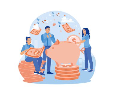 İnsanlar kumbaralarda para biriktiriyor. Gelecek için finansal yatırım yapıyorum. Tasarruf konsepti. Düz vektör illüstrasyonu.