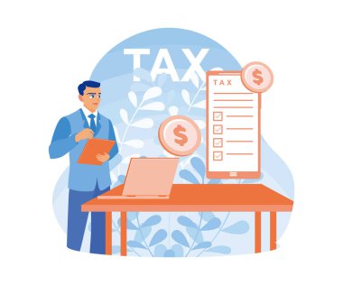 Erkek işadamı internette vergi formu dolduruyor. Şirketin mali raporlarını inceliyorum. Vergi denetimi konsepti. Düz vektör illüstrasyonu.