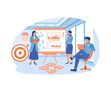 İş ekibi gemide bir çalışma planı yapar. Başarı için bir iş stratejisi planlayın. İş Planı konsepti. Düz vektör illüstrasyonu.