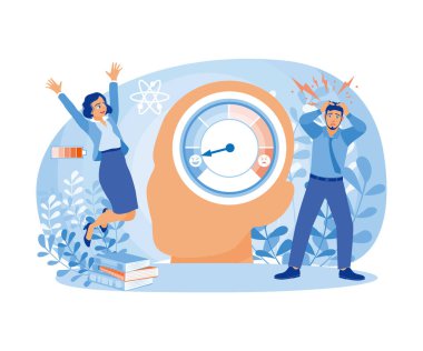 Çok enerjik ve hevesli bir iş kadını. İşten yorgun ve stresli bir adam. Stres seviyesi konsepti. Düz vektör illüstrasyonu.