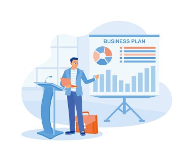 İş adamı ofiste iş planı sunumu yapıyor. İş planını tahtada gösteriyorum. İş Planı konsepti. Düz vektör illüstrasyonu.