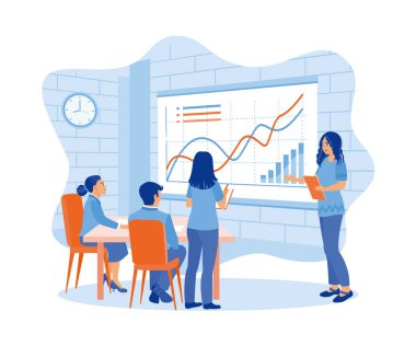 Kadın yönetici, çalışanlarla iş toplantıları yapıyor. Grafikleri ve mali raporları gösterir. İş toplantısı konsepti. Düz vektör illüstrasyonu.