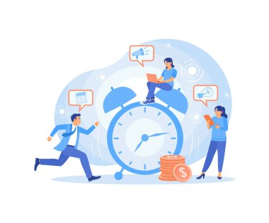 İnsanlar aceleyle çalışır. Çalışanlar son teslim tarihleri içinde çalışırlar. Teslim tarihi konsepti. Düz vektör illüstrasyonu.