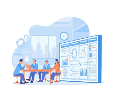 İş ekibi ofisinde toplantı yapıyor. Yeni iş projelerini analiz ediyorum. Proje Yönetimi kavramı. Düz vektör illüstrasyonu.