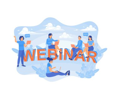 Gençler uzaktan öğrenmek için dizüstü bilgisayar kullanırlar. Gençler toplanır ve birlikte öğrenirler. İş semineri ve Webinar konsepti. Düz vektör illüstrasyonu.