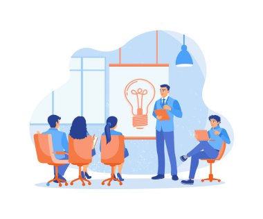 Erkek müdür çalışanlar için iş eğitimi veriyor. Çalışma ve gösteri dünyası çizelgeleri ve grafikleri tahtada. İş semineri ve Webinar konsepti. Düz vektör illüstrasyonu.