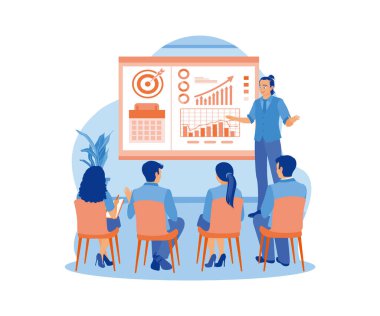 Erkek işadamı iş dünyasından bir seyirciye sesleniyor. Sunumlar ve pazarlama üzerine profesyonel eğitim. İş semineri konsepti. Düz vektör illüstrasyonu.