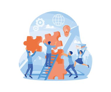 Yaratıcı fikirleri olan insanlar. Hedeflere yönelik iş sorunlarını çözmek. Takım İnşa konsepti. Düz vektör illüstrasyonu.