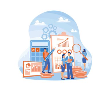 Muhasebeciler finansal tabloları ve verileri analiz eder. Borçları ve kredileri hesapla. Muhasebe kavramları. Düz vektör illüstrasyonu.