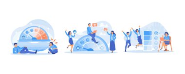 Ruh hali ölçeği, stres oranı. Müşteri memnuniyetini duygu simgeleriyle ölçüyorum. Ruh hali iyi olan sağlıklı bir insan. Stres konsepti. Düz vektör resimlemesini ayarla.