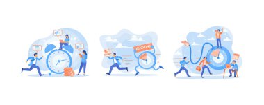 İnsanlar aceleyle çalışır. Son teslim tarihleriyle uğraşıyorum. Çalışanlar ofiste çalışmaktan bıktılar. Teslim tarihi konsepti. Düz vektör resimlemesini ayarla.