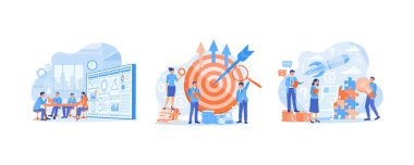 İş ekibi ofisinde toplantı yapıyor. Proje yönetimi iş hedeflerine yöneliyor. Strateji, motivasyon ve başarılı liderlik. Proje Yönetimi kavramı. Düz vektör resimlemesini ayarla.