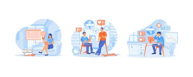 Metni yaz ve düzenle. Blog promosyonu için arama motoru optimizasyonu fikirleri. Erkekler blog promosyon hataları yapar. Günlük kavramı. Düz vektör resimlemesini ayarla.