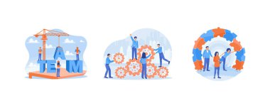 İletişim kurun ve birlikte çalışın. İnsanlar iyi sonuçlar almak için birlikte çalışırlar. Sorunları birlikte çözüyoruz. Takım İnşa konsepti. Düz vektör resimlemesini ayarla.