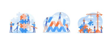 İnsanlar bulmaca parçalarını birleştirir. Sorunları çözmede takım çalışması. İşbirliği ve iletişim. Takım İnşa konsepti. Düz vektör resimlemesini ayarla.