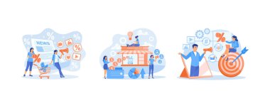 Pazarlamayı geliştirmek için iş stratejisi. Müşteri çekmenin yolları. Müşterilere indirim yap. Terfi konsepti. Düz vektör resimlemesini ayarla.