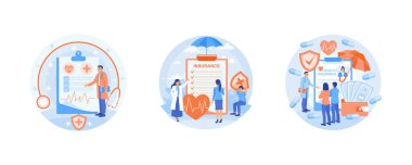 İnsanlar sağlık tasarrufu planlıyor. Sağlık ve hayat sigortası hizmetleri. Hastalar sağlık sigortası formlarını doldururlar. Sağlık sigortası konsepti. Düz vektör resimlemesini ayarla.