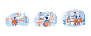 Sanal toplantılar yaparız. Evden çalışan bir iş adamı. Bilgisayarla online olarak tartışın. Konferans toplantısı konsepti. Düz vektör resimlemesini ayarla.