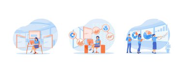 Bilgisayarda çalışan bir kadın. Ofis mali verileri analiz ediliyor. Diyagramlar ve grafikler ekranda gösteriliyor. Veri Analizi Kavramı. Düz vektör resimlemesini ayarla.