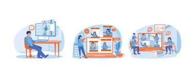 Video görüşmesi sırasında iş konuşalım. Evden çalışan bir iş kadını. Görüşmeler sırasında fikir alışverişinde bulunun. Konferans toplantısı konsepti. Düz vektör resimlemesini ayarla.