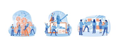 Girişimciler iş stratejileri geliştirirler. Yeni bir işe başlıyorum. Yöneticiler iş ekibi görevlerini organize ederler. Takım çalışması konsepti. Düz vektör resimlemesini ayarla.