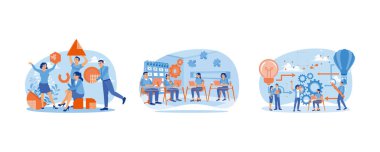 Birlikte çalışan insanlar. Ofiste çalış. Görüşmeler sırasında fikir alışverişinde bulunun. Takım çalışması konsepti. Düz vektör resimlemesini ayarla.