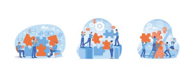 İnsanlar bulmacaları birbirine bağlar. İş ekibi çalışması. Hedeflere yönelik iş sorunlarını çözmek. Takım İnşa konsepti. Düz vektör resimlemesini ayarla.