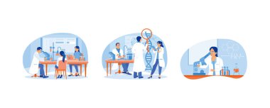 Bilim adamları laboratuarda çalışıyor. DNA molekülleri üzerinde araştırma yap. Mikrobiyolojik analiz. Laboratuvar konsepti. Düz vektör resimlemesini ayarla.