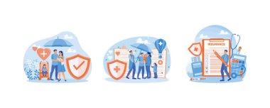 Aile sigorta şemsiyesinin altında duruyor. Doktor ve hasta bir sağlık sigortası sözleşmesi doldurdu. Modern sağlık hizmetleri. Sağlık sigortası konsepti. Düz vektör resimlemesini ayarla.