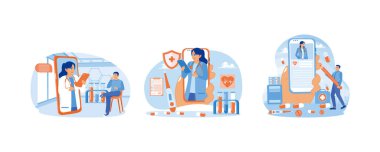 Online sağlık uygulaması. Hastalara çevrimiçi tıbbi hizmetler sağlıyorum. Sağlık belgeleri cep telefonu ekranında. Çevrimiçi Tıbbi Danışmanlık. Düz vektör resimlemesini ayarla.