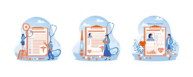 Adam tıbbi geçmişi dolduruyor. Doktor hastanın sağlık kayıtlarını kontrol ediyor. Doktorlar hastanın sağlığının durumunu izliyorlar. Sağlık Kayıtları konsepti. Düz vektör resimlemesini ayarla.