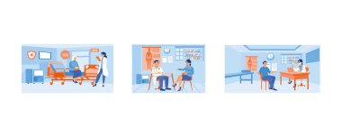 Sağlık danışmanlığı. Kadın hasta hastanede bir doktoru ziyaret ediyor. Çalışma odasında sağlık kontrolü yapıyorum. Tıbbi danışmanlık konsepti. Düz vektör resimlemesini ayarla.