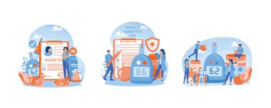 Kadın kan şekeri seviyesini glukometre kullanarak ölçüyor. Dünya Diyabet Günü. Sağlıklı beslenme ve diyabet için gıda. Diyabet Seviyesi konsepti. Düz vektör resimlemesini ayarla.