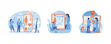 Hastalar tıbbi muayeneleri çevrimiçi yapıyorlar. Evde sandalyede oturan bir kadın hasta. Teletıp e-sağlık hizmetleri. Çevrimiçi Tıbbi Danışmanlık. Düz vektör resimlemesini ayarla.