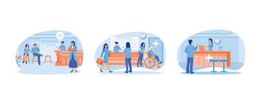 Hastanedeki hasta ziyaretleri. Resepsiyonistler hastalara sağlık bilgileri sağlarlar. Hastane resepsiyonu. Hastane resepsiyonisti konsepti. Düz vektör resimlemesini ayarla.