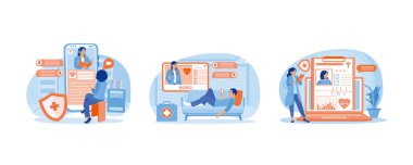 Doktor sağlık kayıtlarını okuyor. Hasta, doktorun açıklamasını dinler. Çevrimiçi tıbbi hizmetler. Sağlık Kayıtları konsepti. Düz vektör resimlemesini ayarla.