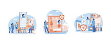 Elektronik sağlık kayıtları. Doktor hastanın tıbbi kayıtlarını okuyor. Çevrimiçi sağlık hizmeti. Elektronik Sağlık Hizmetleri konsepti. Düz vektör resimlemesini ayarla.