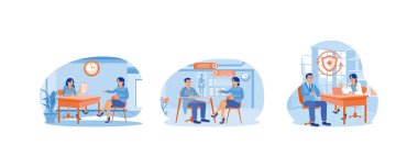 Hasta doktorla tanışır. Sağlık kliniğinde danışmanlık. Hastalık belirtilerine ve tedaviye danışmak. Tıbbi danışmanlık konsepti. Düz vektör resimlemesini ayarla.