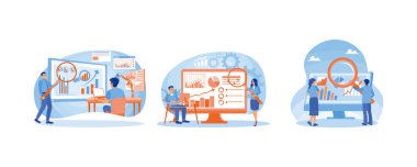 İş adamı ve finans uzmanı finansal bilgi verilerini analiz ediyor. Şirketin mali veri raporlarını oluşturun. İşletme finans yatırımlarını izle. Veri analisti konsepti. Düz vektör resimlemesini ayarla.