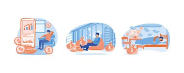 Erkekler çevrimiçi çalışır. Bağımsız olarak çalışıp online para kazanıyorum. Pasif gelir kavramı. Düz vektör resimlemesini ayarla.