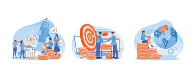 Reklam işi. İş adamı bir meslektaşıyla tokalaşıyor. Küresel pazarlama stratejileri geliştiriliyor. İş pazarlama konsepti. Düz vektör resimlemesini ayarla.