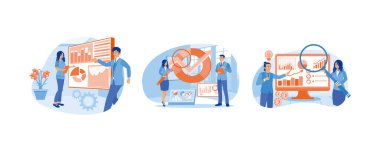 İş adamları ve meslektaşları grafikleri inceliyor. Pazarlama stratejisi planlıyorum. İş hedefini arttırın. Pazarlama araştırma konsepti. Düz vektör resimlemesini ayarla.