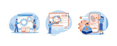 Pazarlama çizelgelerini analiz et. Seo optimizasyonu. SEO hedefleri ve performansı artıyor. İş pazarlama konsepti. Düz vektör resimlemesini ayarla.