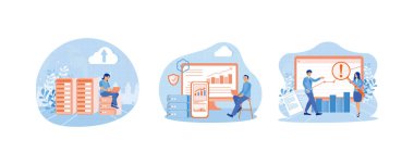 İnternette çalışıyorum. Veri merkezine dosya ekle. İşadamı bilgisayardaki verileri analiz ediyor. Konsept hesaplanabilir. Düz vektör resimlemesini ayarla.