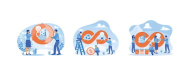 Çevre dostu endüstriler inşa etmek. İnsanlar endüstriyel atıkları geri dönüştürüyor. Atık ayıklama ve geri dönüşüm. Dairesel ekonomi konsepti. Düz vektör resimlemesini ayarla.