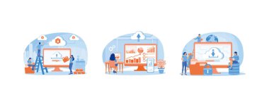 İnsanlar verileri bilgisayara yüklüyor. Cep telefonundan bilgisayara veri aktar. Bilgileri bilgisayara yüklüyorum. Konsept hesaplanabilir. Düz vektör resimlemesini ayarla.