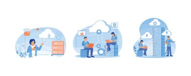 Yazılım uygulamaları. Laptopta veri işleyen insanlar. Veriler sunucuya bağlı bir dizüstü bilgisayarda saklanıyor. Konsept hesaplanabilir. Düz vektör resimlemesini ayarla.