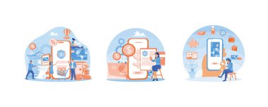 İnsanlar transfer olur ve para biriktirirler. İnternetten faturaları ödüyorum. Mobil bankacılık kullanarak. İnternet bankacılığı konsepti. Düz vektör resimlemesini ayarla.